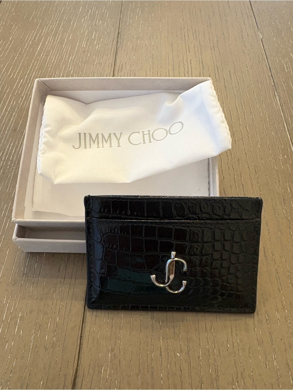 Jimmy Choo Black Croc-Embossed Leather Card Case with Silver JC Logo